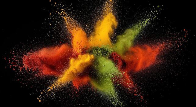 Dynamic burst of vibrant colorful powdered spices exploding on a black background photo