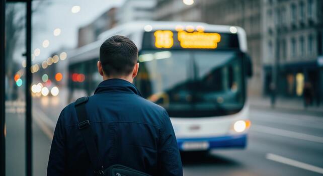 Rear view of a man waiting at a bus stop as a blurred public transport bus approaches on a city street photo