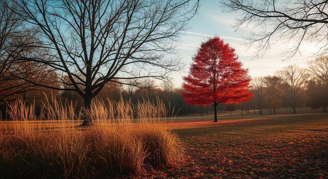 Serene autumn park landscape with vibrant red tree, golden grass, and bare branches photo