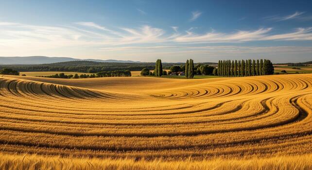 vasto dorado trigo campo con ondulante patrones debajo un claro azul cielo y distante colinas foto
