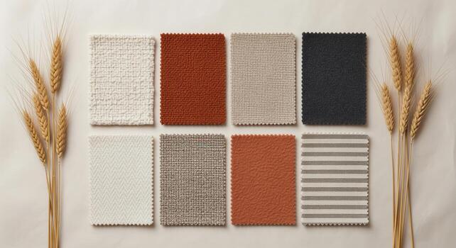 colección de ocho textil tela muestras en terroso tonos y patrones con trigo tallos foto