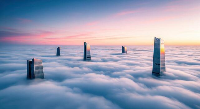 Modern skyscrapers emerging from a vast sea of clouds at dawn, vibrant sky aerial view photo