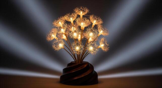 caprichoso iluminado diente de león lámpara con brillante fibra óptico luces en un oscuro antecedentes foto