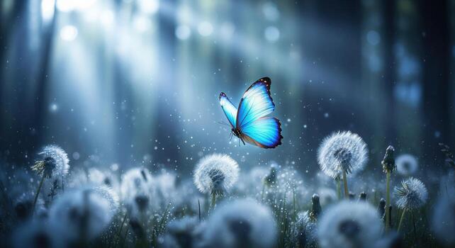 Ethereal blue butterfly with iridescent wings hovering over a field of dandelions at dawn photo