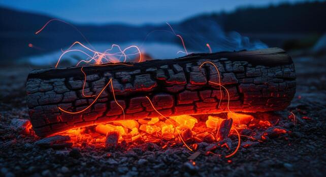Smoldering log with glowing embers and dancing sparks at a campfire in the evening photo