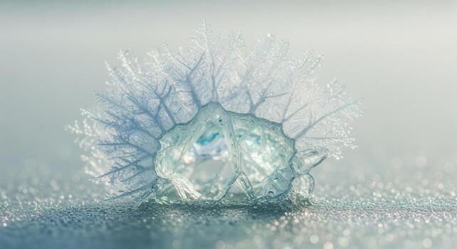 intrincado fractal patrones de un profundamente fracturado hielo cristal en un espumoso congelado superficie foto