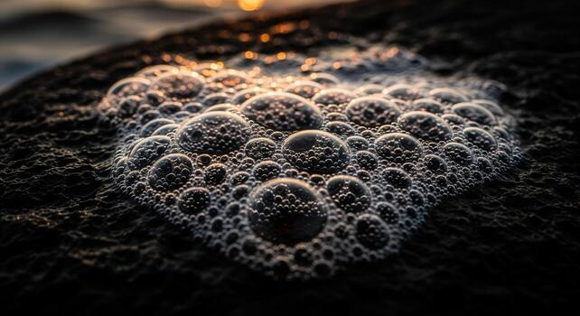 Close up of sea foam bubbles on dark wet rock at sunset, intricate patterns photo
