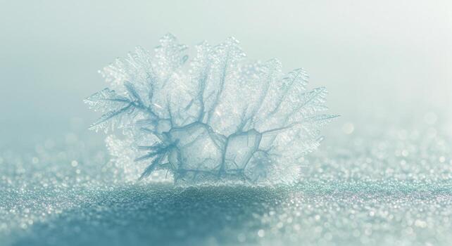 Extreme macro cinematic photo of an intricate fractal ice crystal on a frozen surface