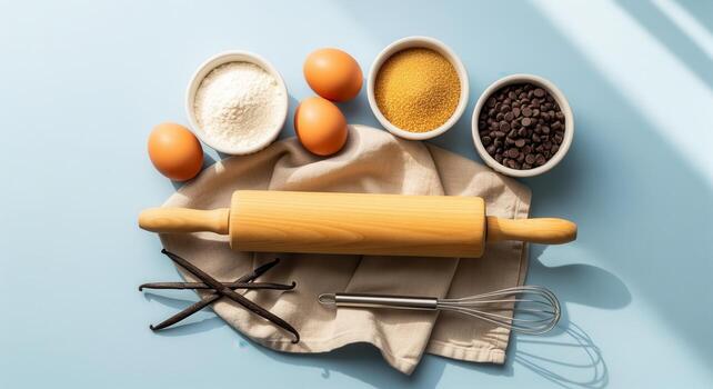 Overhead flat lay of baking ingredients and tools with rolling pin, flour, eggs, and vanilla photo