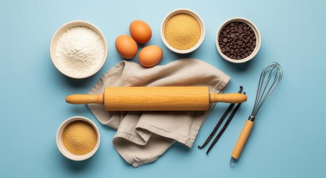 Overhead flat lay of baking ingredients and tools including rolling pin, flour, egg, and sugar on blue surface photo