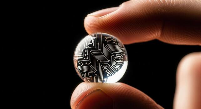 Fingers holding a translucent sphere with an intricate electronic circuit board pattern photo