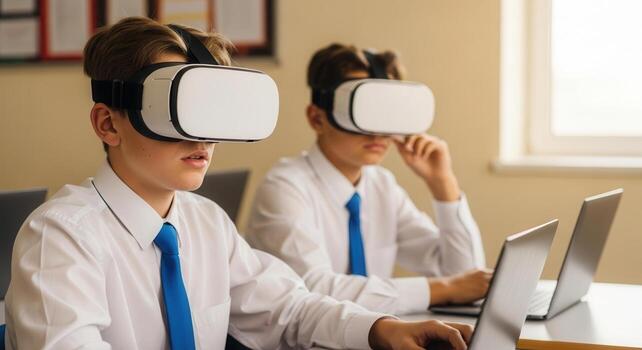 Two male students in school uniform wearing virtual reality headsets and using laptops in a modern classroom. photo