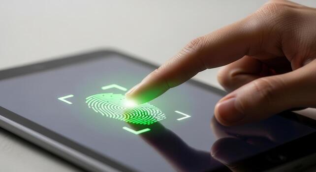 Human finger scanning a glowing green fingerprint on a tablet screen for biometric security photo