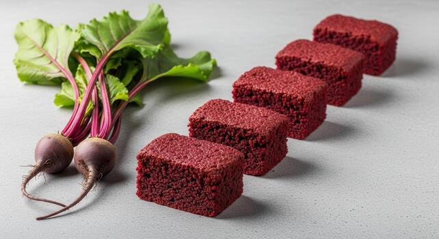 Professional food photograph of several moist dark red beet brownies arranged in a line with fresh beets photo