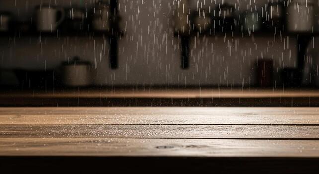 Rustic wooden kitchen counter with falling sugar particles in a dark, cozy setting photo