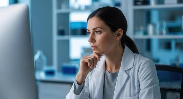 Focused female scientist in a lab coat intently looking at a computer screen in a modern laboratory photo
