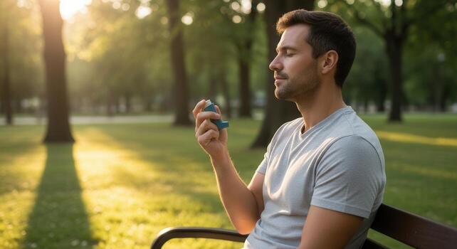 Man with asthma inhaler sitting on a park bench, feeling relief in golden sunlight photo