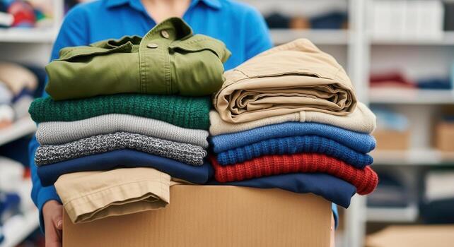 Hands holding a cardboard box filled with neatly folded colorful clothes for donation or organization photo