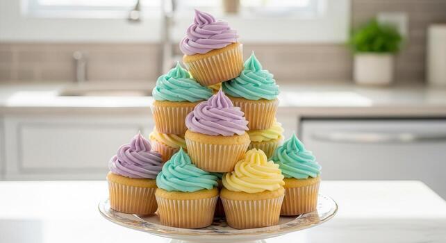 Stack of nine colorful cupcakes with pastel swirl frosting on a decorative plate in a kitchen photo