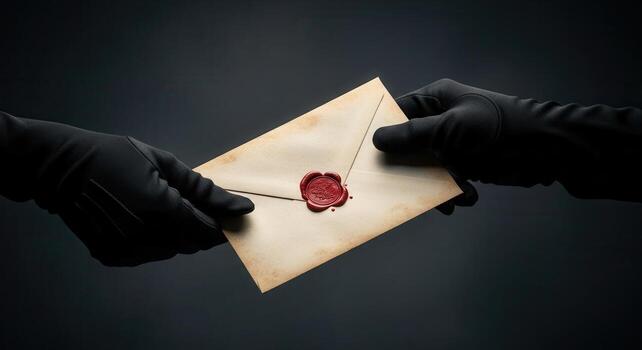 Two hands in black gloves exchanging a vintage envelope with a red wax seal photo