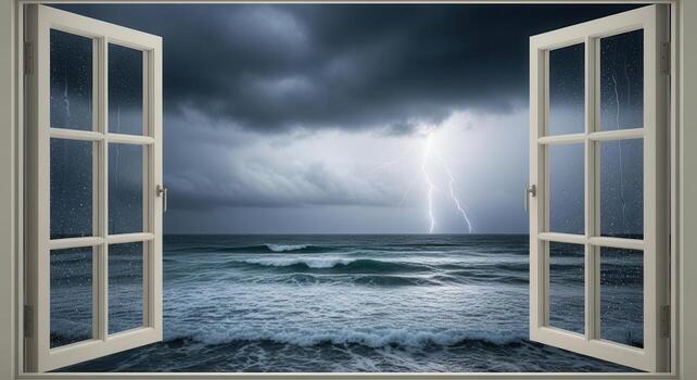 abierto ventana ver de un dramático Tormentoso Oceano con relámpago sorprendentes debajo un oscuro cielo foto