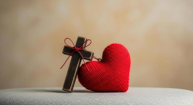 Rustic wooden cross tied with red string to a knitted red heart, symbolizing faith and love photo