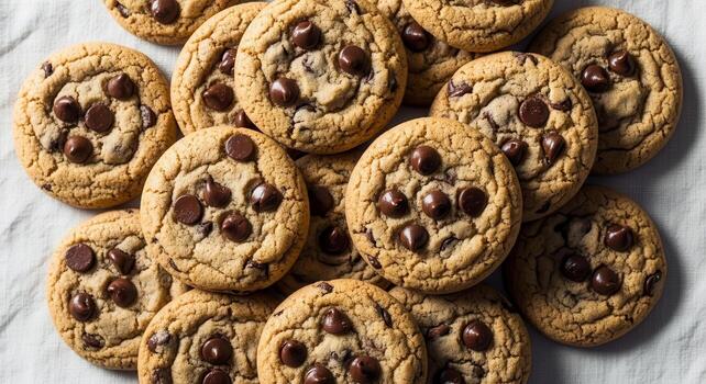 Pile of freshly baked chocolate chip cookies with rich chocolate chips, overhead view photo