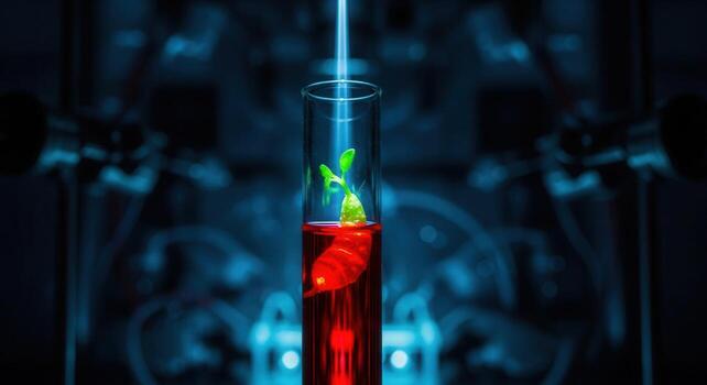 Plant sprout growing in red liquid inside a test tube with blue light in a science lab photo