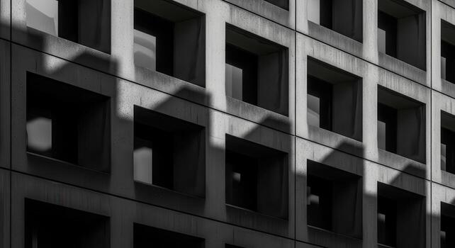 Brutalist concrete building facade with geometric square windows under dramatic lighting photo