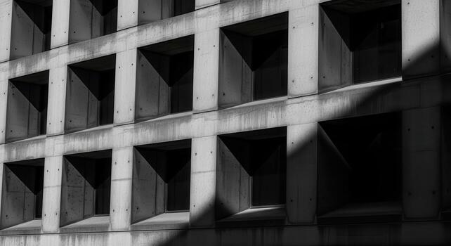 Brutalist concrete building facade with repetitive square windows and dramatic shadows photo