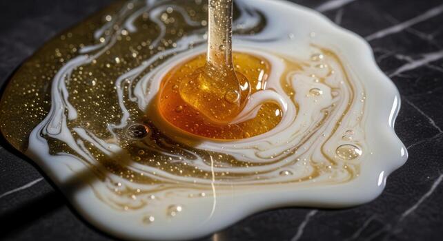 Abstract flow of viscous golden honey and creamy milk mixing on a dark marble surface photo