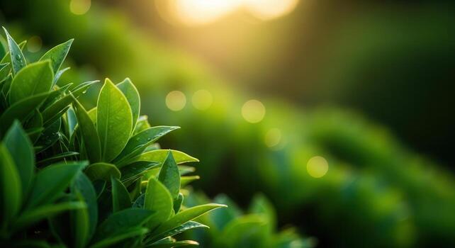 Fresh green leaves covered in dew, bathed in golden sunlight with bokeh effect photo