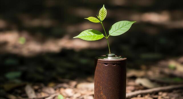 New life, green sapling emerges from old rusty battery on a sunlit forest floor photo