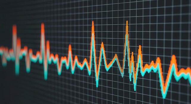 Vibrant orange and cyan jagged waveforms on digital display screen with grid photo