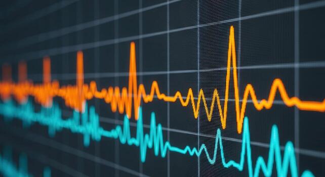 Vibrant orange and cyan jagged waveforms on a digital display screen with grid photo