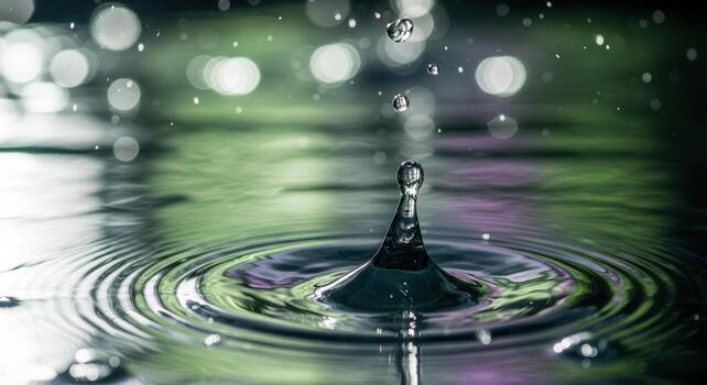 Detailed macro photograph of a water drop splashing into a pool creating concentric ripples photo