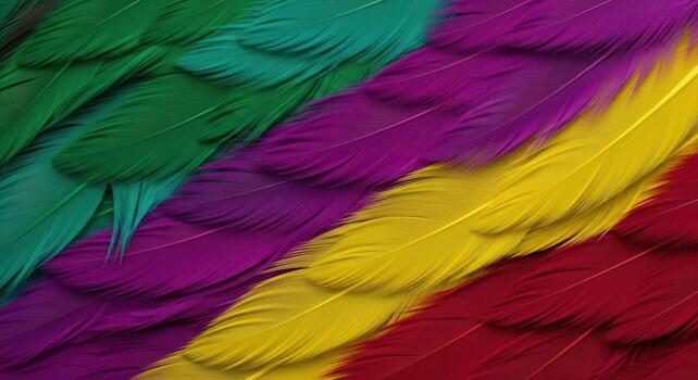 Detailed macro view of vibrant colorful feathers arranged in diagonal stripes texture photo