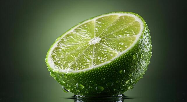 High detail macro photograph of a vibrant green lime sliced in half with refreshing water droplets photo