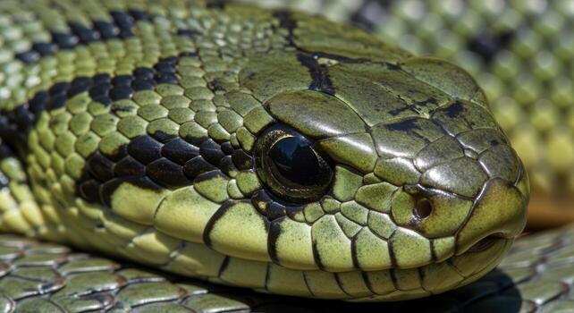 cerca arriba macro Disparo de un verde y negro estampado serpiente cabeza con detallado escamas foto