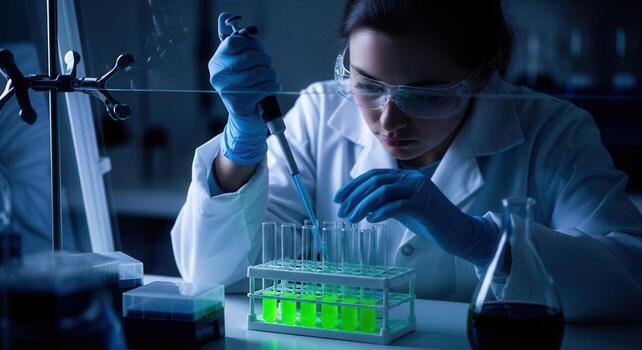 Focused female scientist in safety goggles and lab coat pipetting liquid into test tubes in a laboratory photo