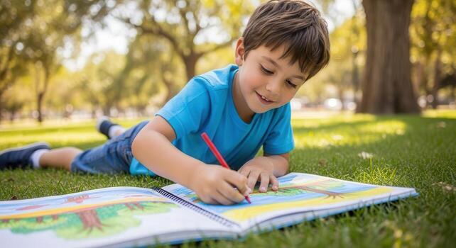 Happy young boy lying on green grass drawing in a sketchbook with a red pencil in a sunny park photo