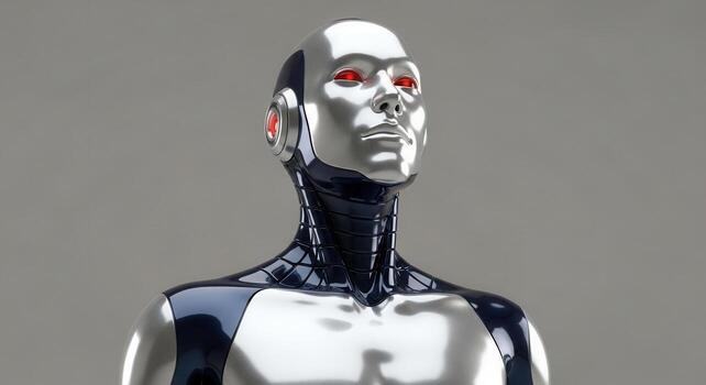 Sleek metallic silver humanoid robot with glowing red eyes, representing advanced artificial intelligence photo