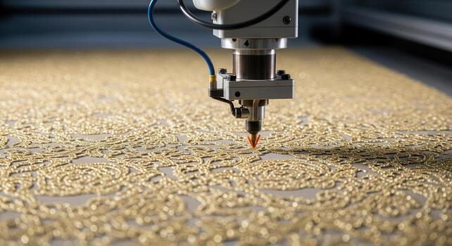 Robotic arm precisely cutting intricate golden lace fabric with advanced automation technology photo