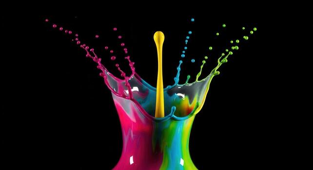 Vibrant liquid paint splashing with a yellow drop on a black background photo