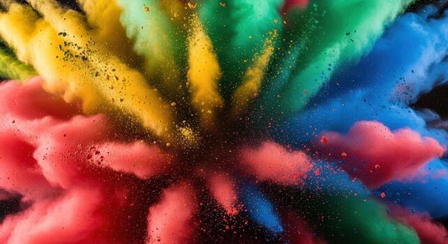 Dynamic explosion of vibrant colorful powder creating an abstract burst of hues and particles photo