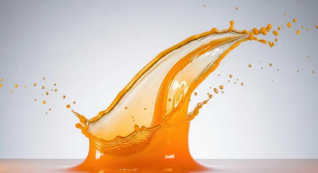 Dynamic splash of bright orange liquid resembling juice with droplets flying photo