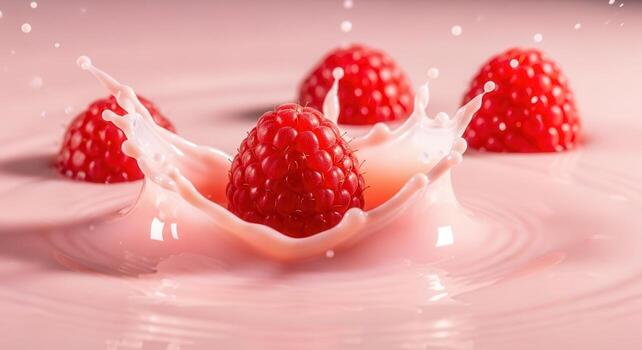 Vibrant red raspberry splashing into smooth pastel pink liquid with dynamic drops photo