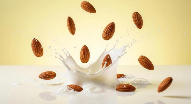 Fresh whole almonds splashing dynamically into white milk, creating a vibrant crown photo
