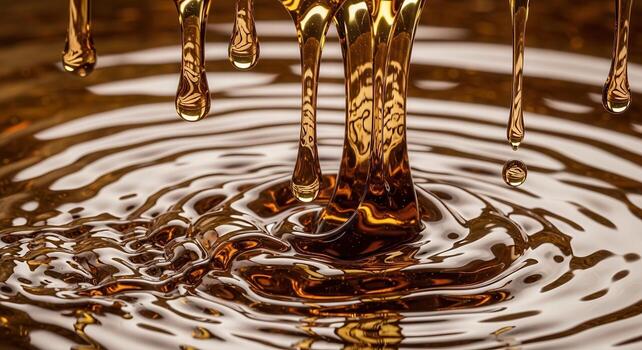 Close up of thick golden liquid dripping and forming ripples, a glossy fluid texture photo