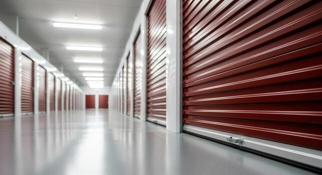Clean self storage facility hallway with rows of red closed units and bright fluorescent lights photo